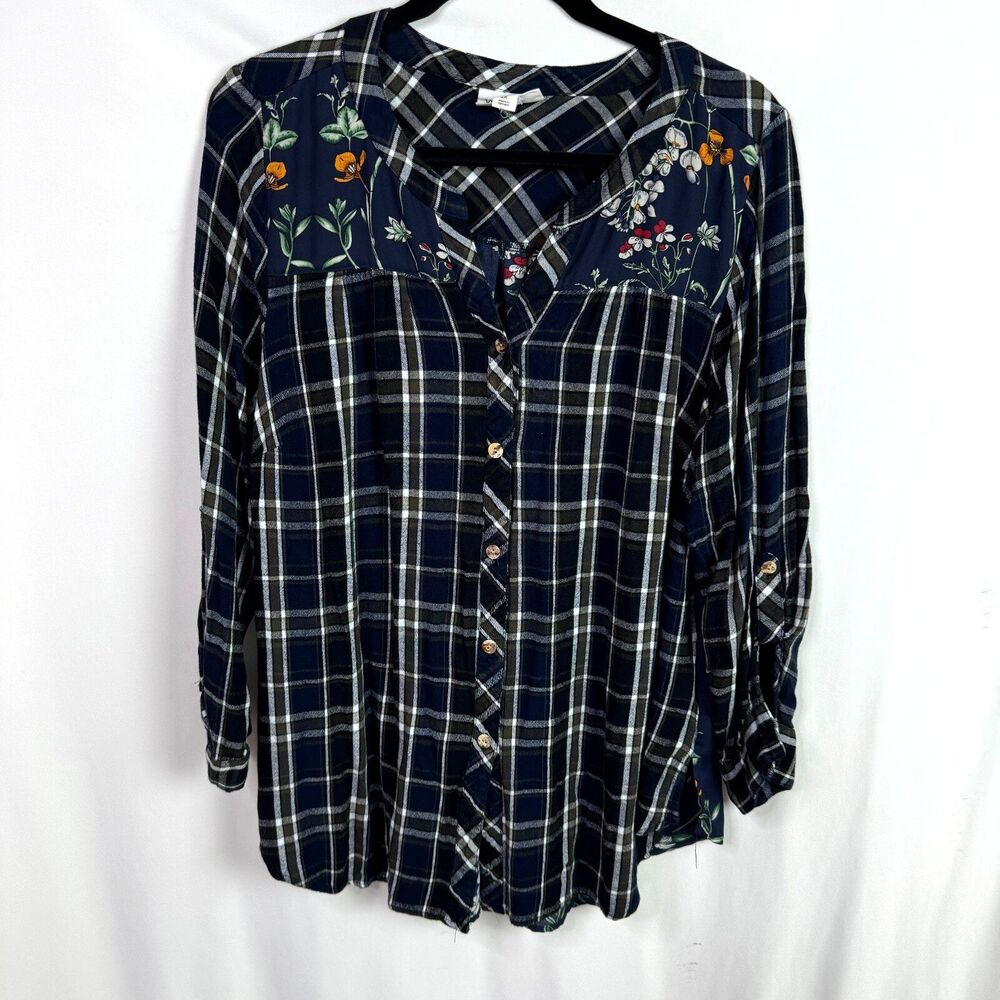 Westport Women's Top Blouse Size 2X Navy Blue Plaid Floral Print V-Neck